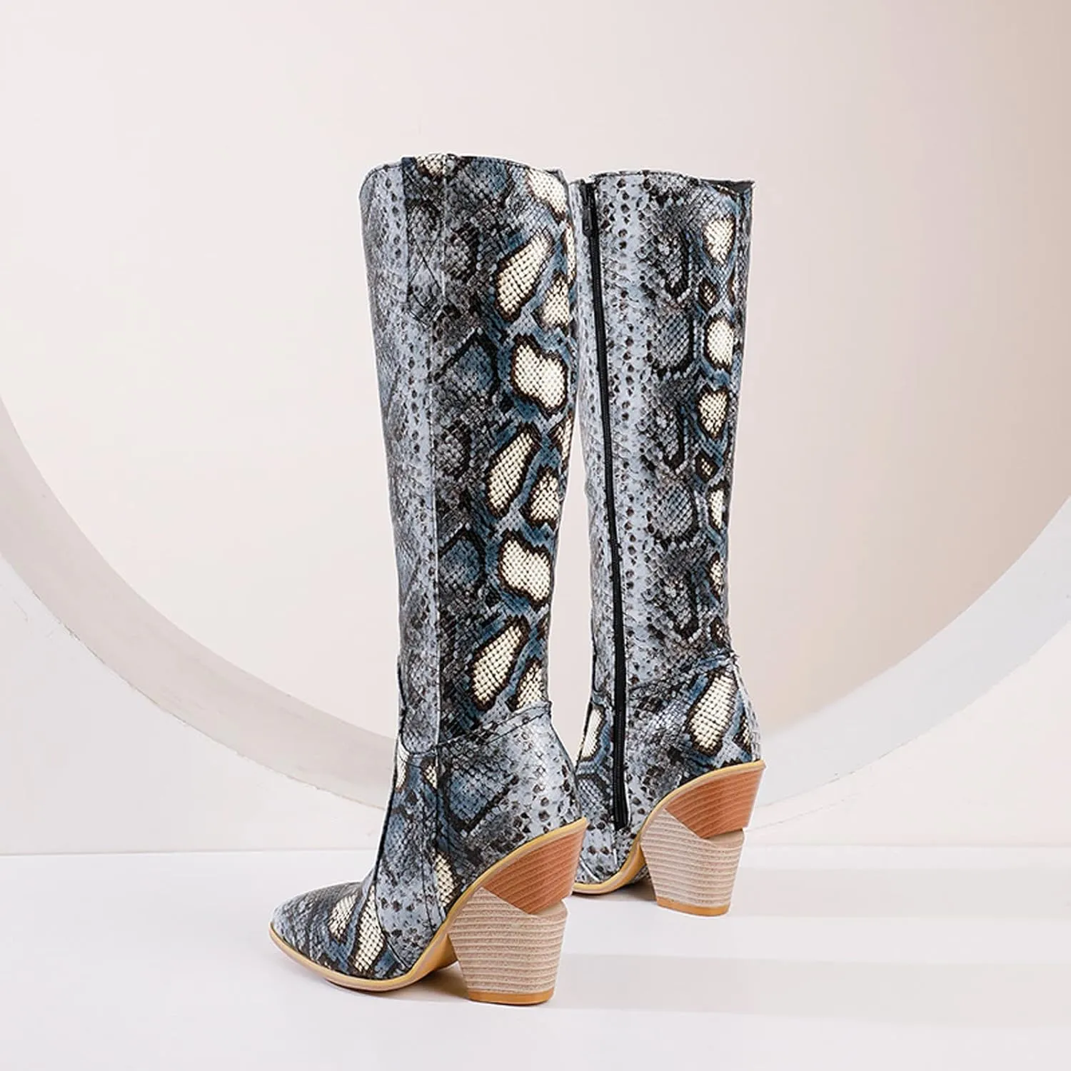 Womens Knee High Snakeskin Boots - Sexy Snake Print Pointed Toe Side Zipper Chunky High Heel Long Boots Casual Trendy Ladies Stack Heels Shoes