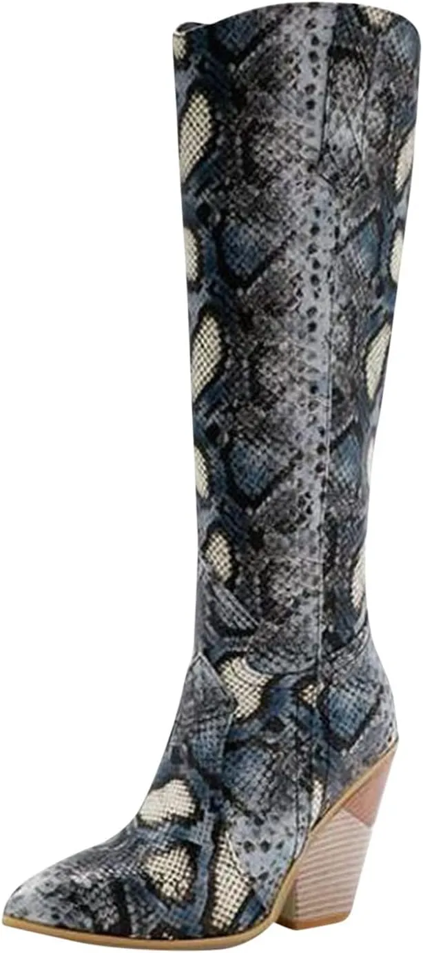 Womens Knee High Snakeskin Boots - Sexy Snake Print Pointed Toe Side Zipper Chunky High Heel Long Boots Casual Trendy Ladies Stack Heels Shoes
