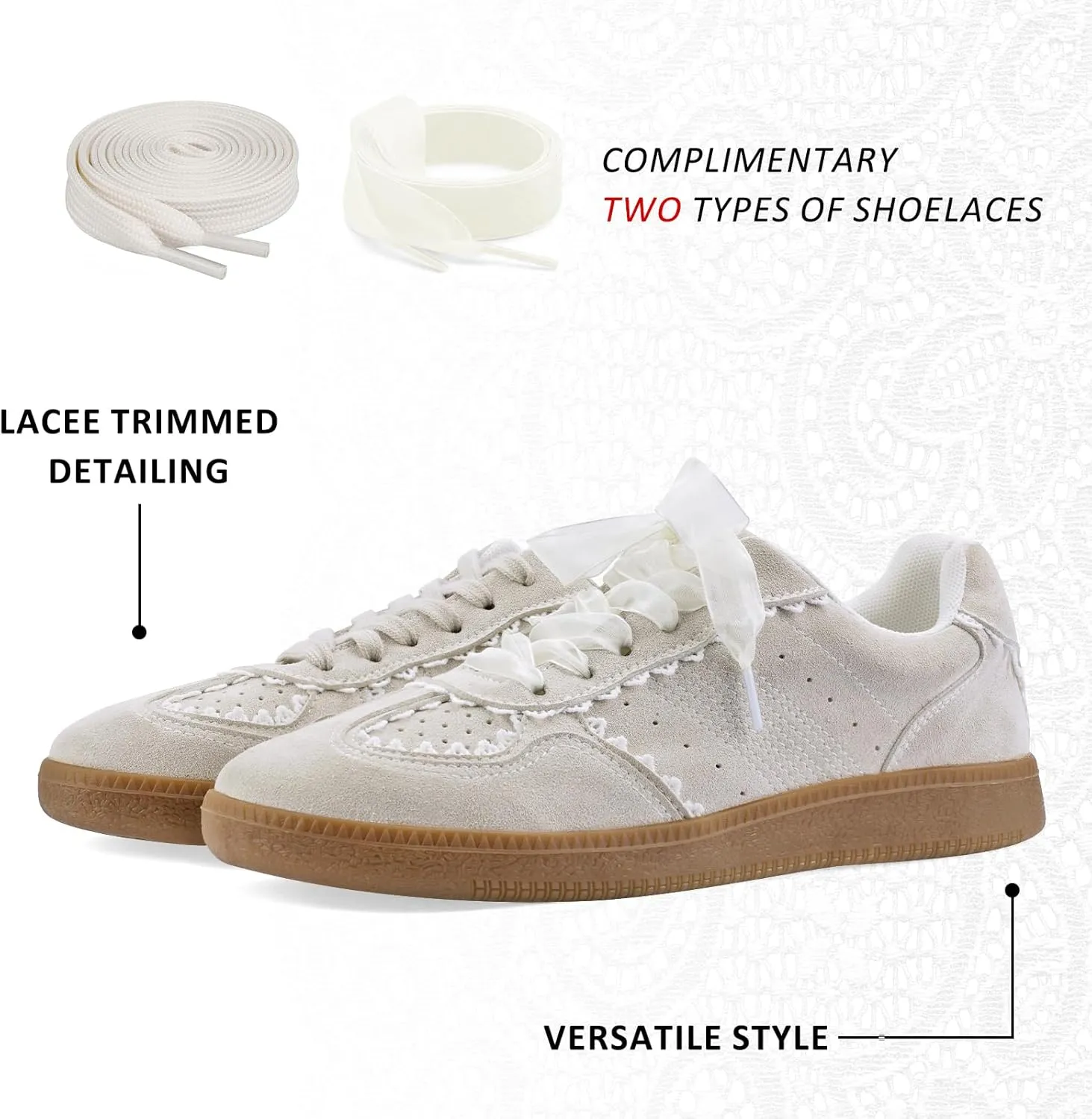 Women's Lace Detail Lace-Up Casual Sneakers - Elegant Ribbon Ribbon Lace Walking Shoes Non-Slip Sole Breathable Comfort for Daily Outfits