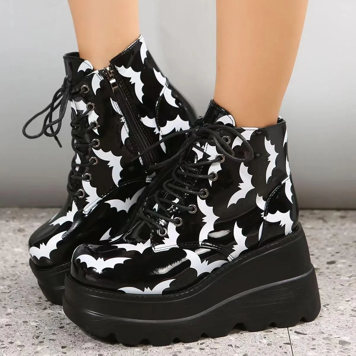 Women's Lace up Platform Goth Boots, Punk Wedge High Heel Combat Boots Booties, Gothic Ankle Boots Shoes