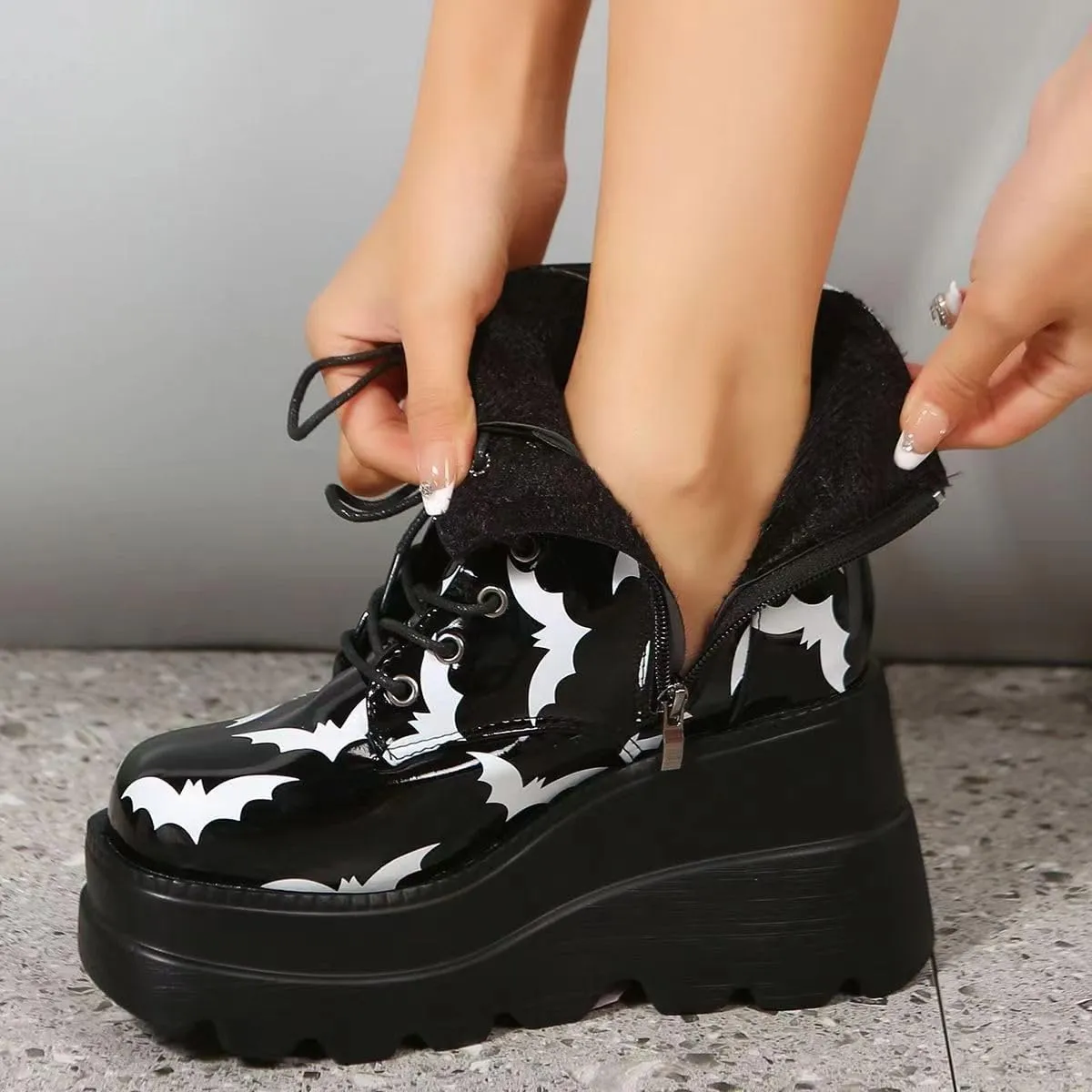 Women's Lace up Platform Goth Boots, Punk Wedge High Heel Combat Boots Booties, Gothic Ankle Boots Shoes
