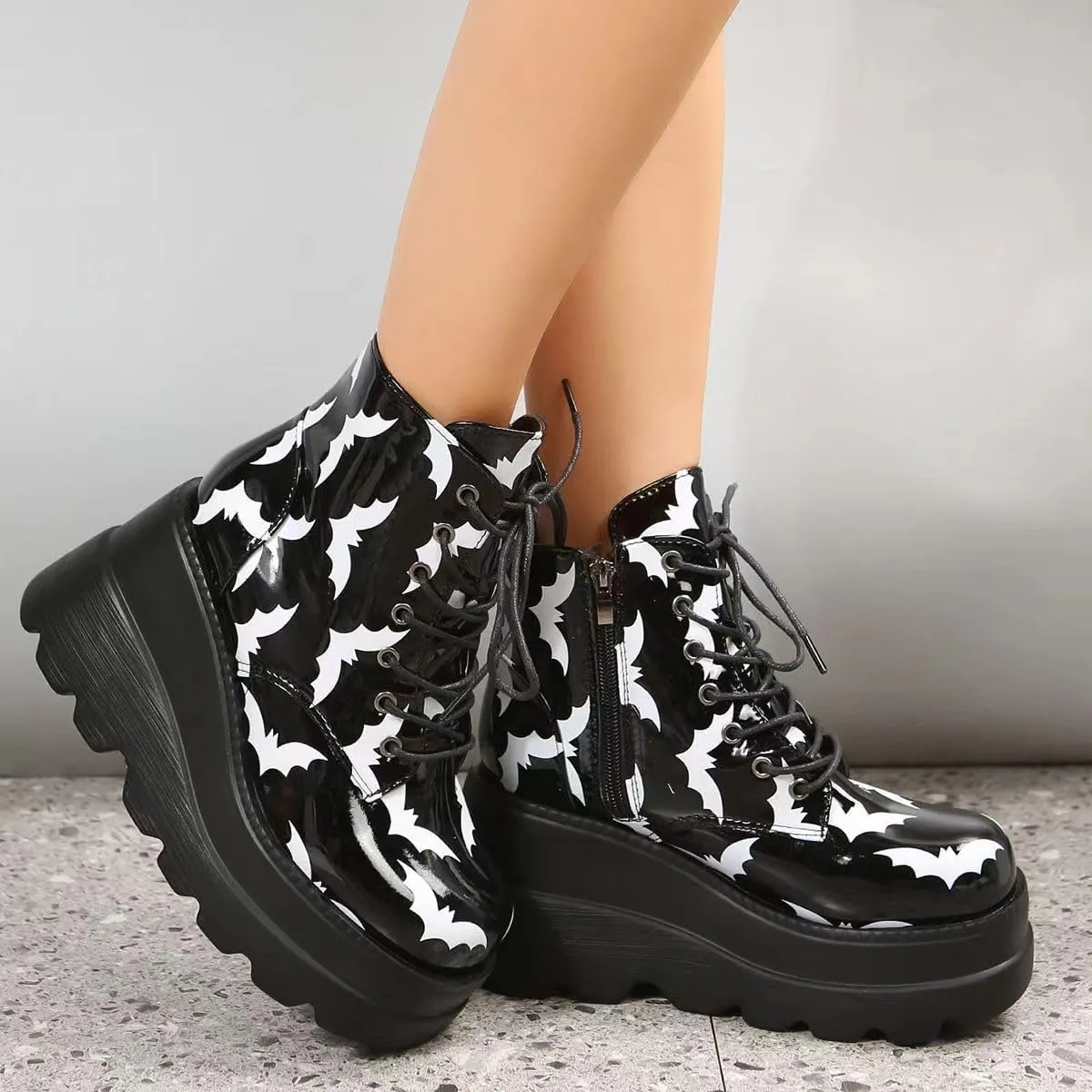 Women's Lace up Platform Goth Boots, Punk Wedge High Heel Combat Boots Booties, Gothic Ankle Boots Shoes