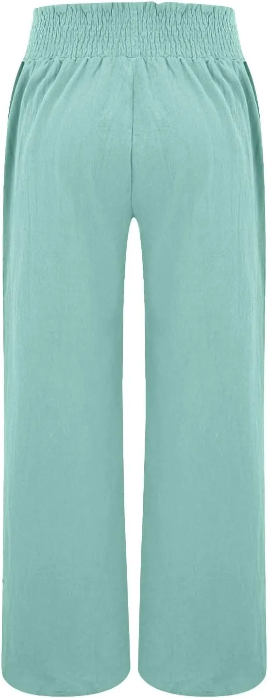 Women's Linen Palazzo Pants Wide Leg High Waistband Summer Boho Trousers Casual Travel Vacation Lounge Comfy Outfits