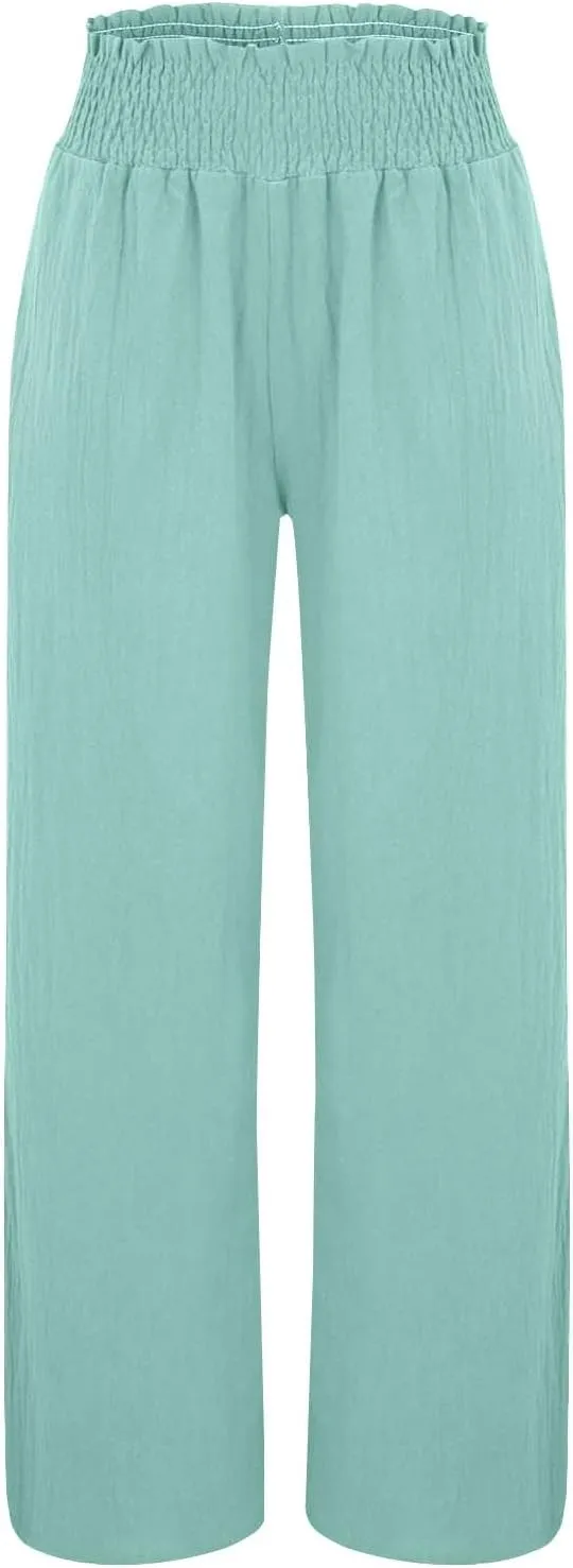 Women's Linen Palazzo Pants Wide Leg High Waistband Summer Boho Trousers Casual Travel Vacation Lounge Comfy Outfits