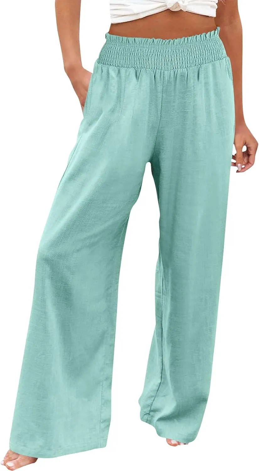 Women's Linen Palazzo Pants Wide Leg High Waistband Summer Boho Trousers Casual Travel Vacation Lounge Comfy Outfits