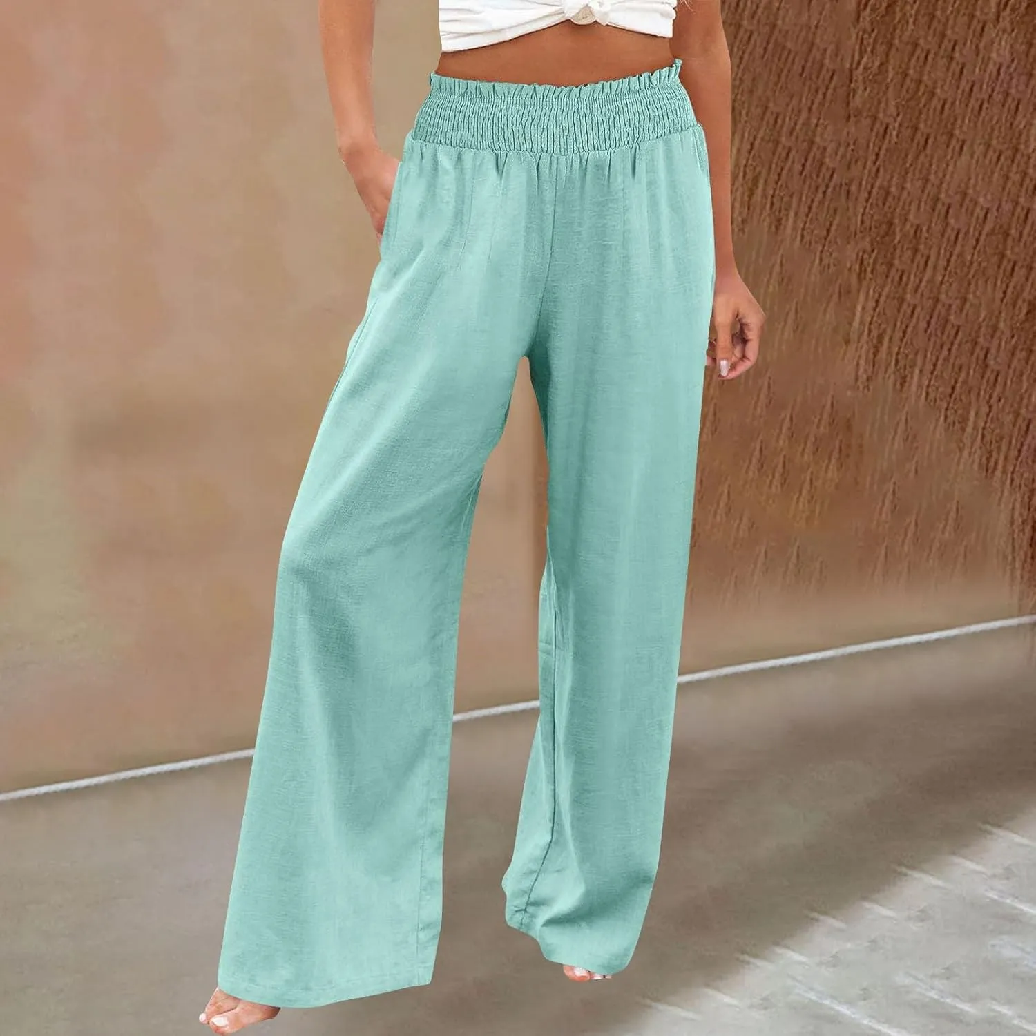 Women's Linen Palazzo Pants Wide Leg High Waistband Summer Boho Trousers Casual Travel Vacation Lounge Comfy Outfits