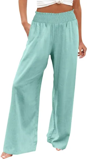 Women's Linen Palazzo Pants Wide Leg High Waistband Summer Boho Trousers Casual Travel Vacation Lounge Comfy Outfits