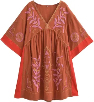 Womens Oversized Embroidered Dress with V-Neck and 3/4 Sleeves Vintage Embroidery Babydoll Dress