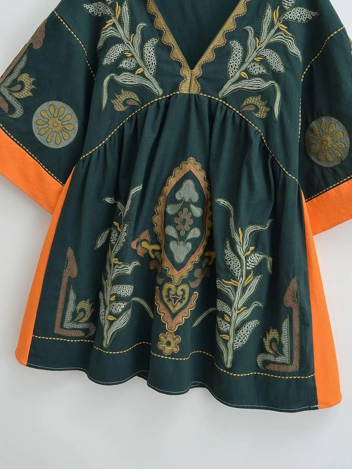 Womens Oversized Embroidered Dress with V-Neck and 3/4 Sleeves Vintage Embroidery Babydoll Dress