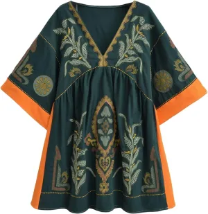 Womens Oversized Embroidered Dress with V-Neck and 3/4 Sleeves Vintage Embroidery Babydoll Dress