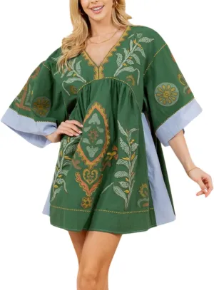 Womens Oversized Embroidered Dress with V-Neck and 3/4 Sleeves Vintage Embroidery Babydoll Dress