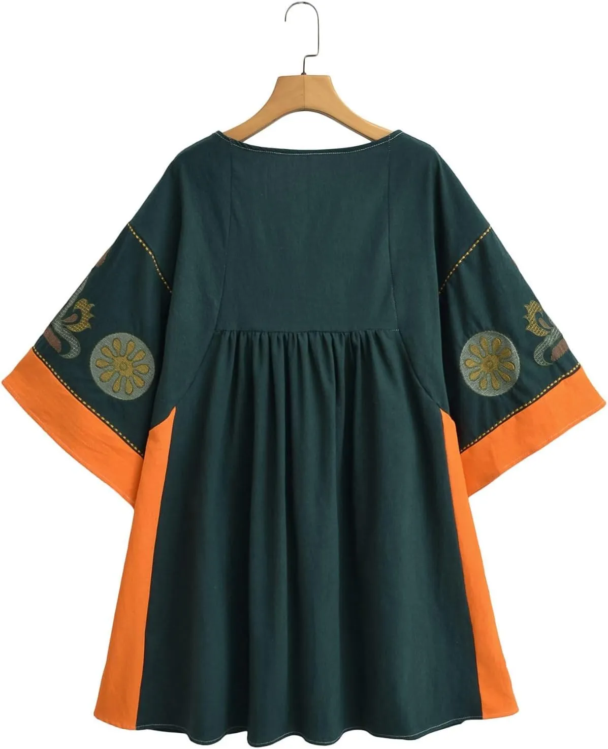 Womens Oversized Embroidered Dress with V-Neck and 3/4 Sleeves Vintage Embroidery Babydoll Dress