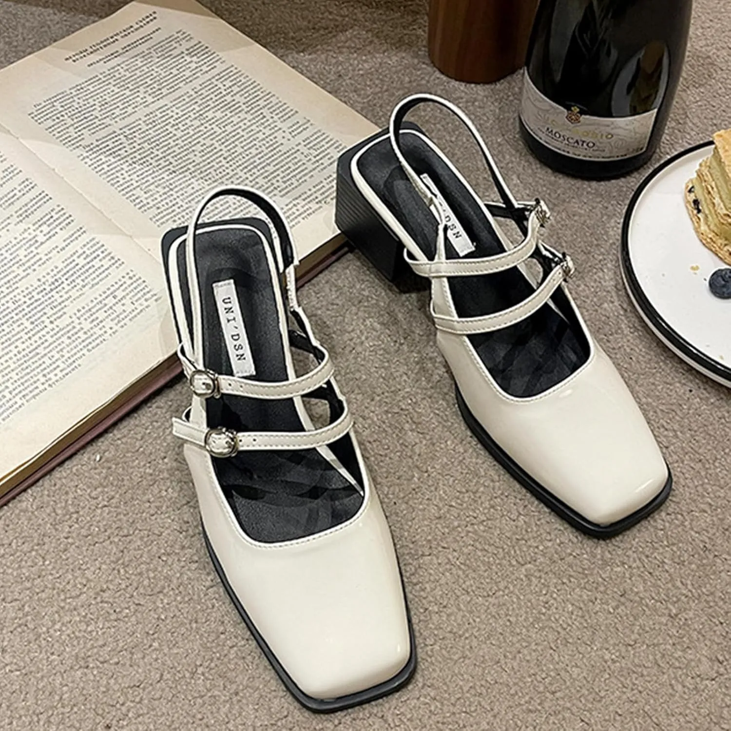 Women's Patent Leather Slingback Chunky Heels Mary Janes Pumps Buckle Closed Square Toe Low Heel Sandals Slip On Party Dress Work Shoes