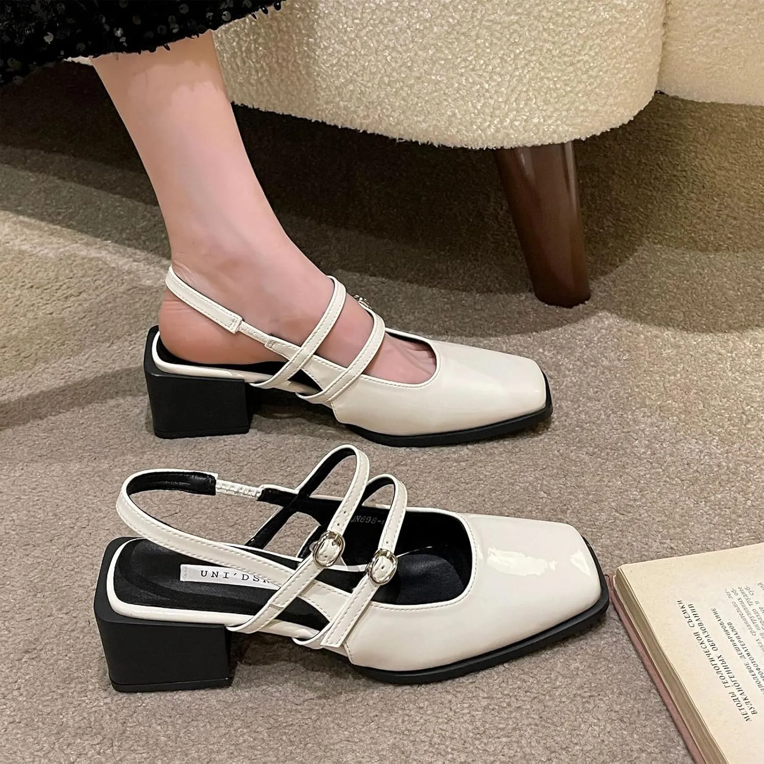 Women's Patent Leather Slingback Chunky Heels Mary Janes Pumps Buckle Closed Square Toe Low Heel Sandals Slip On Party Dress Work Shoes