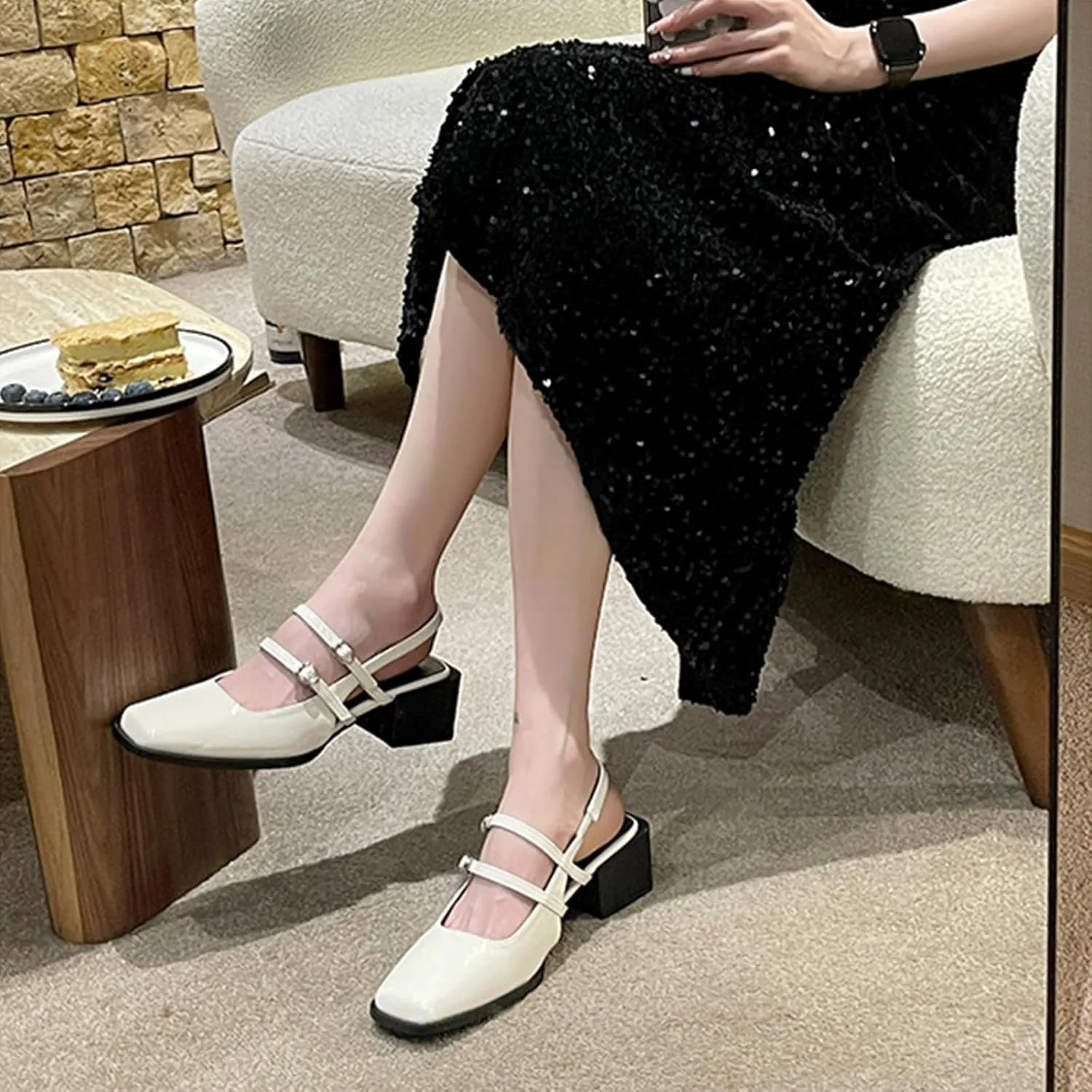 Women's Patent Leather Slingback Chunky Heels Mary Janes Pumps Buckle Closed Square Toe Low Heel Sandals Slip On Party Dress Work Shoes