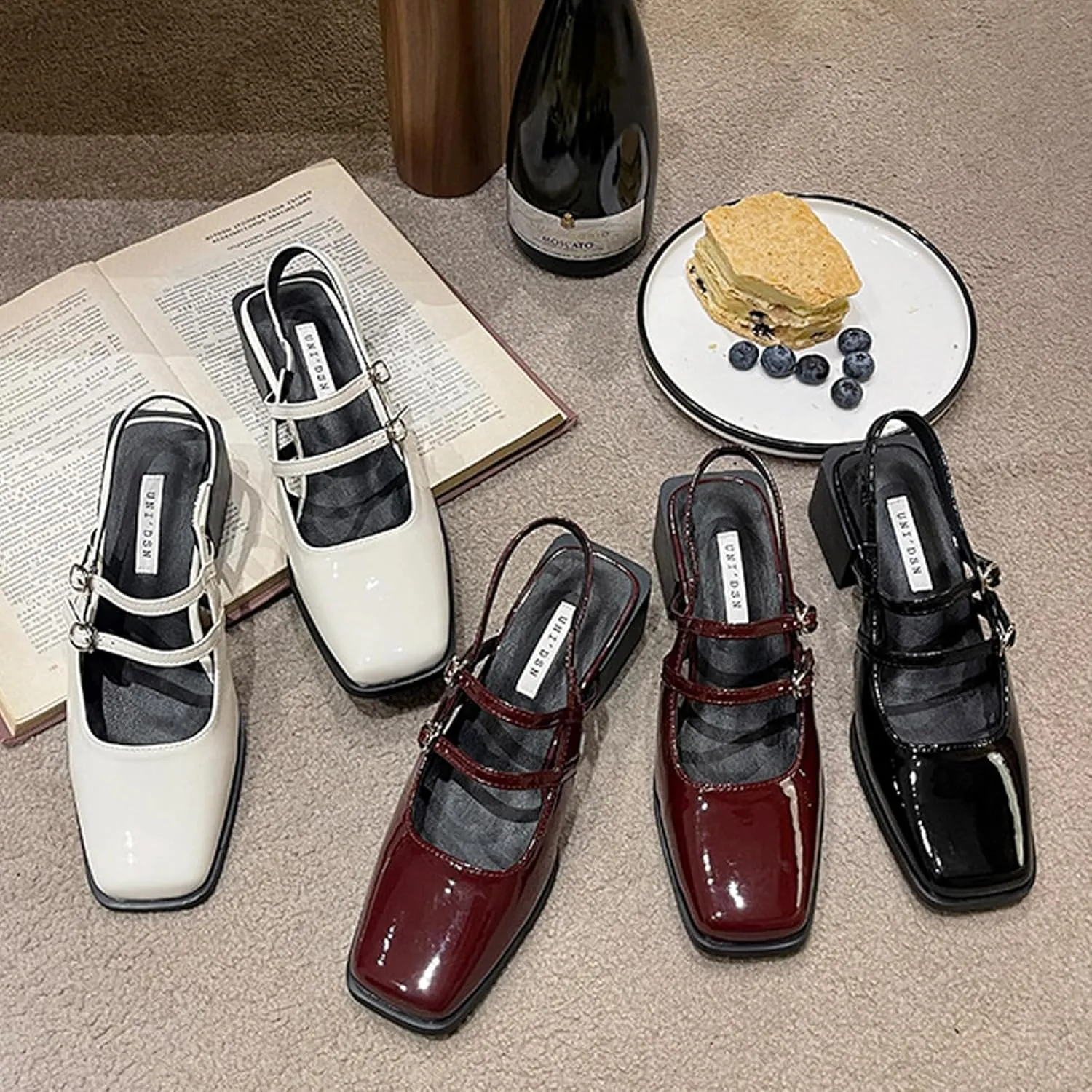 Women's Patent Leather Slingback Chunky Heels Mary Janes Pumps Buckle Closed Square Toe Low Heel Sandals Slip On Party Dress Work Shoes