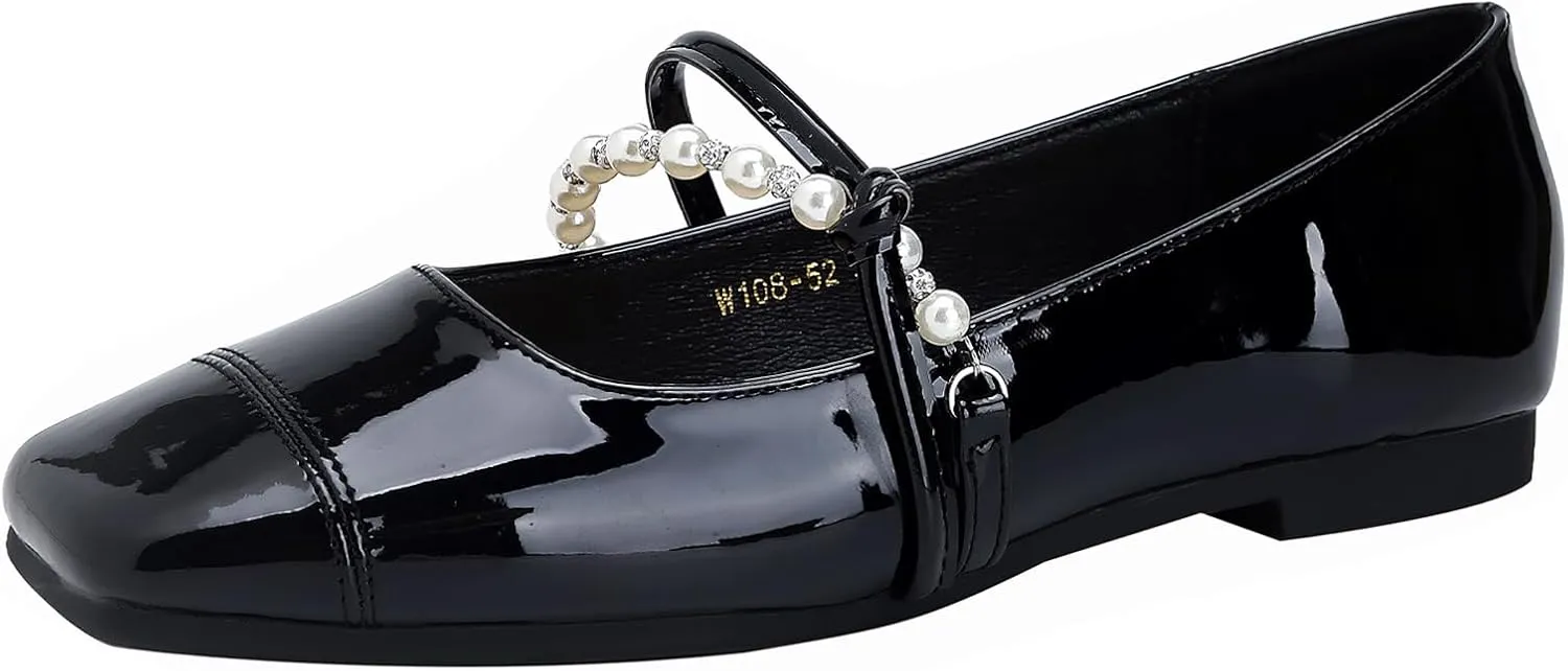 Women's Patent Leather Square Toe Mary Jane Flats Elegant Pearl Strap Slip-On Soft Ballet Walking Shoes Comfortable Casual Dress Flat Shoes