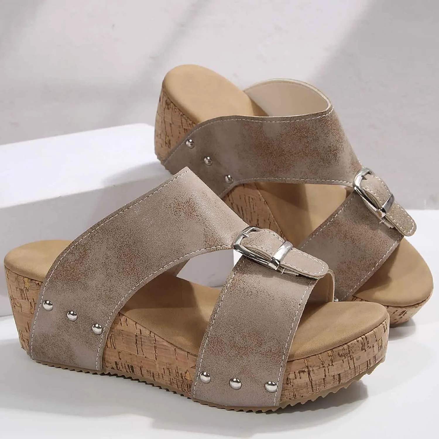 Women's Platform Wedge Sandals Open Toe Slippers Casual Summer Shoes with Buckle Strap Comfortable Cork Sole for