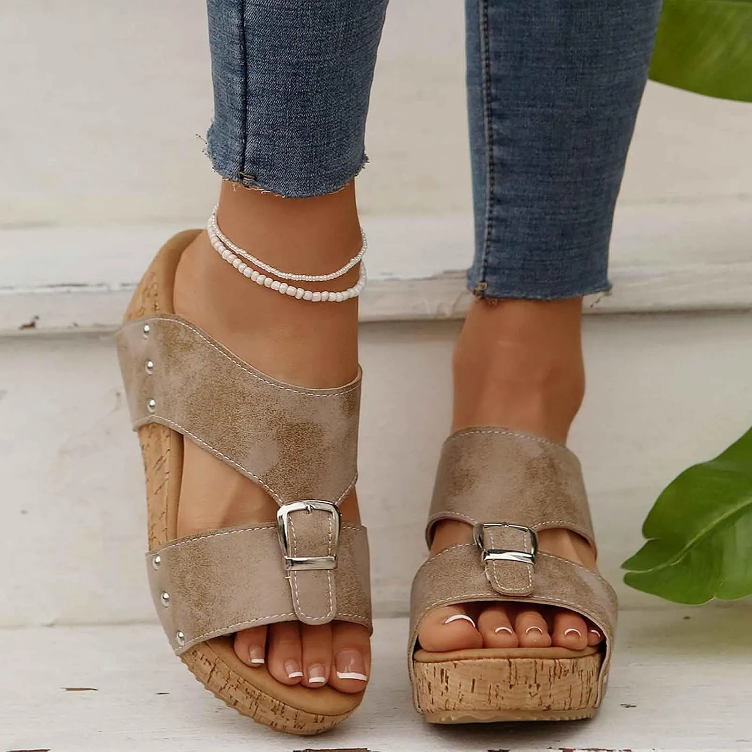 Women's Platform Wedge Sandals Open Toe Slippers Casual Summer Shoes with Buckle Strap Comfortable Cork Sole for