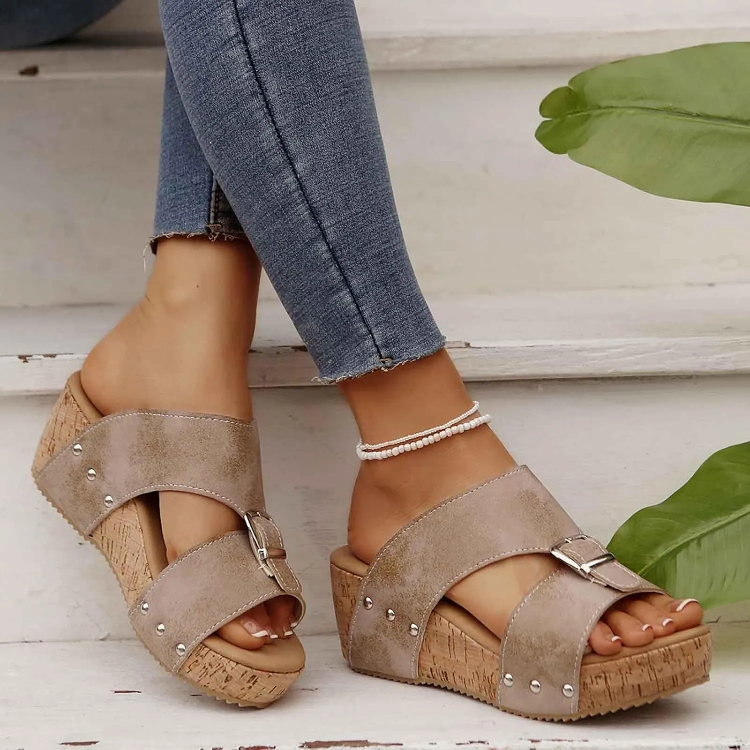 Women's Platform Wedge Sandals Open Toe Slippers Casual Summer Shoes with Buckle Strap Comfortable Cork Sole for