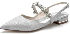 Women's Pointed Toe Slingback Wedding Flats Glitter Crystal Sandals Comfortable Evening Party Dress Pumps Ballet Flats