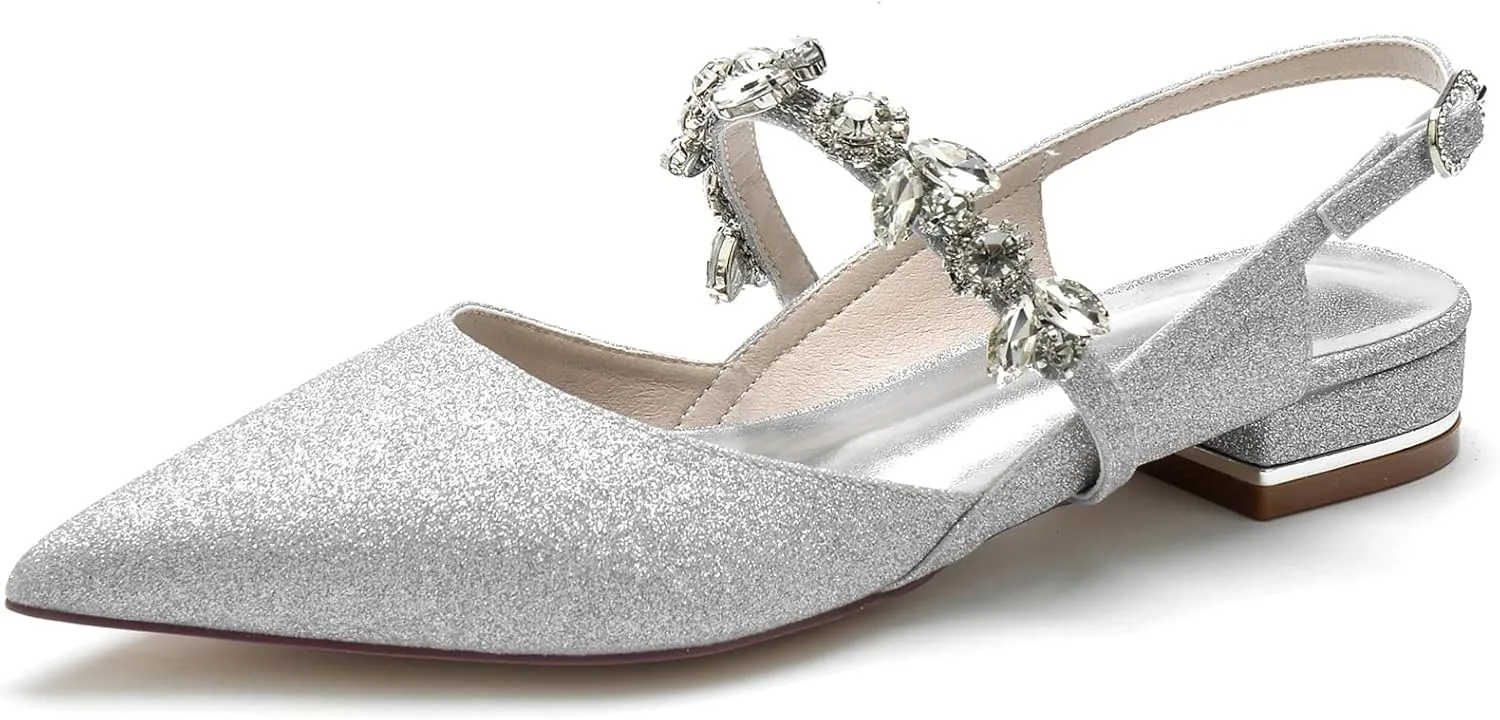 Women's Pointed Toe Slingback Wedding Flats Glitter Crystal Sandals Comfortable Evening Party Dress Pumps Ballet Flats