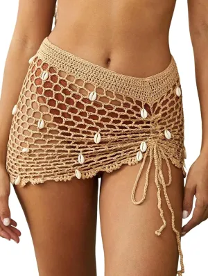 Women's Pure hand Crochet Hollow Out Shell Khaki Swimwear Swimsuit Cover Up Beach Skirt.(SJJ71)