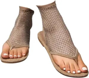 Womens Rhinestone Mesh Flats Thong Sandals Shiny Rhinestone Stretch Fishnet Sandals Casual Hollow Out Flat Shoes