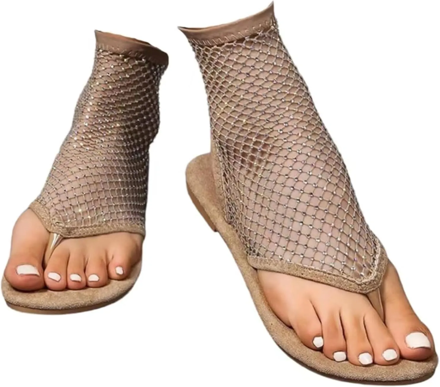 Womens Rhinestone Mesh Flats Thong Sandals Shiny Rhinestone Stretch Fishnet Sandals Casual Hollow Out Flat Shoes