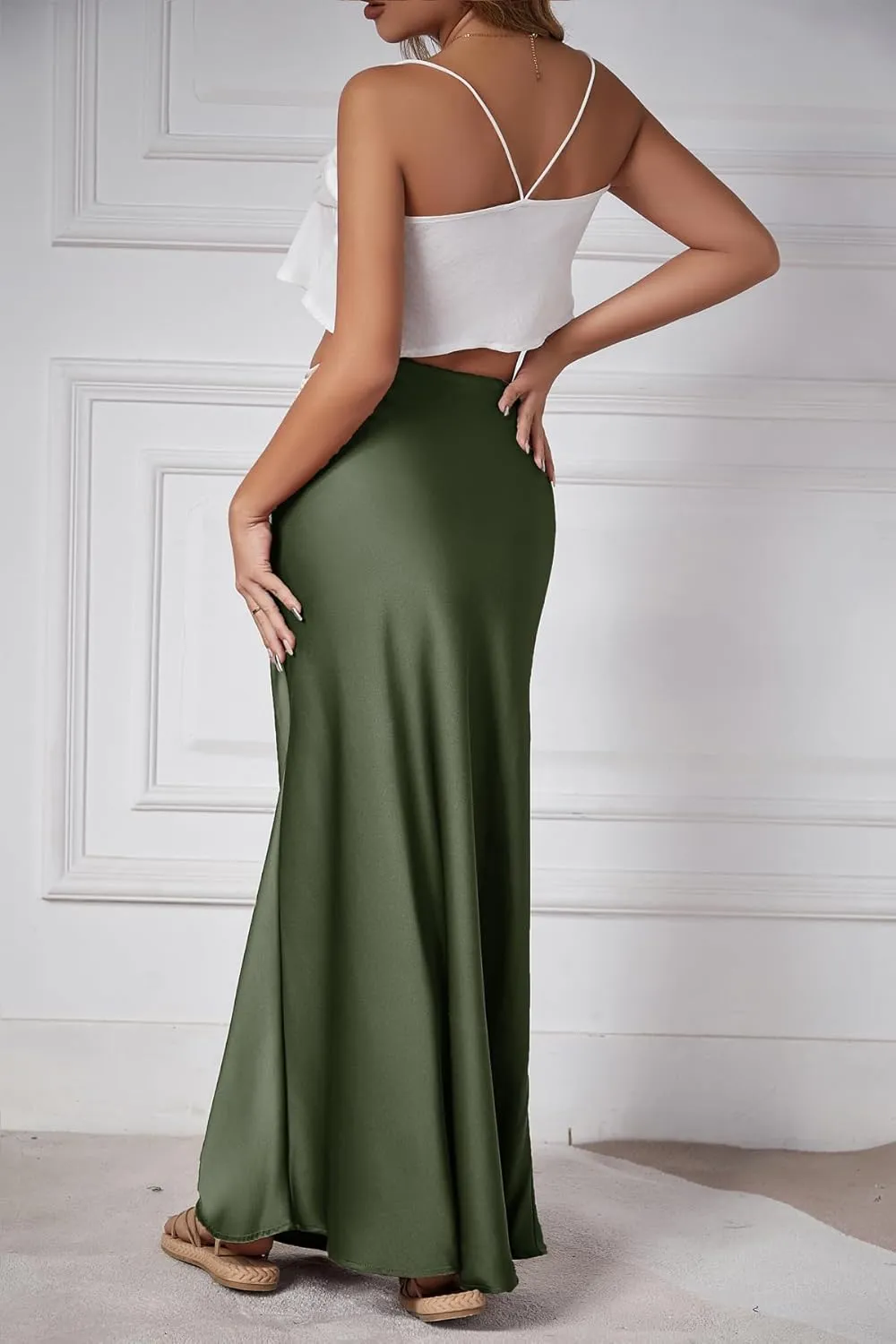 Womens Satin Silk Maxi Skirts Drawstring Flared Casual A-Line Long Skirt for Women