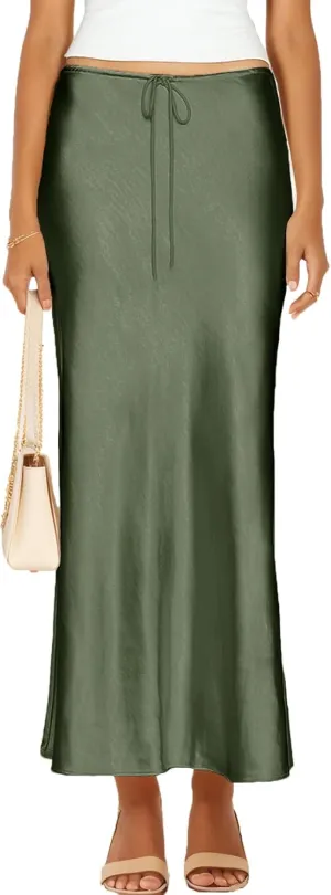 Womens Satin Silk Maxi Skirts Drawstring Flared Casual A-Line Long Skirt for Women