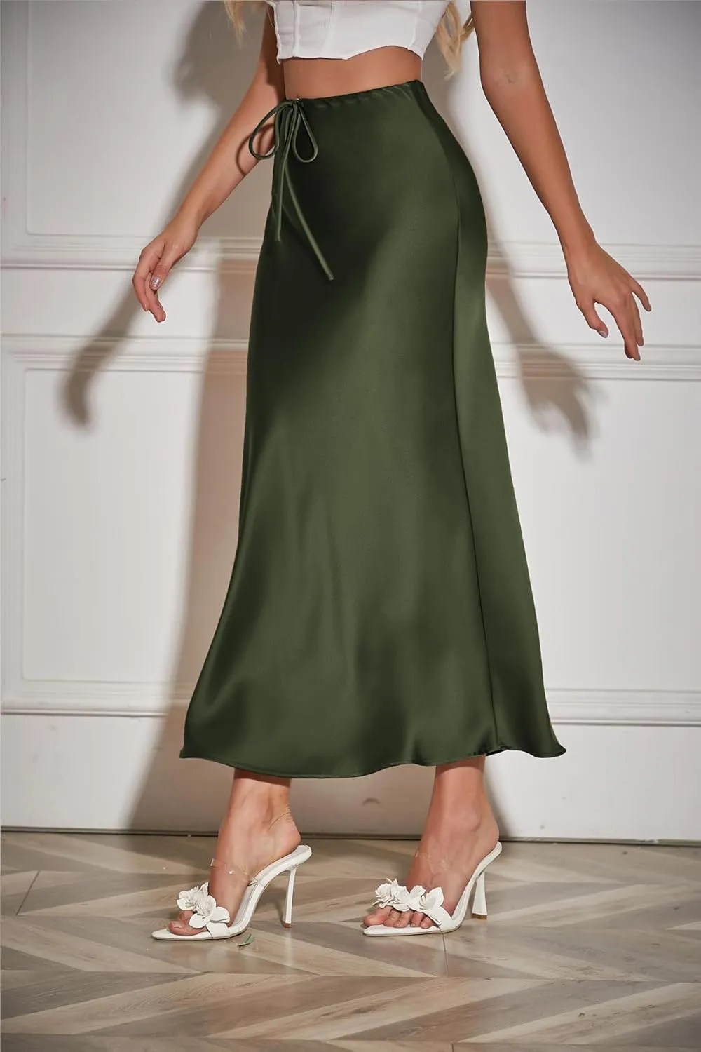 Womens Satin Silk Maxi Skirts Drawstring Flared Casual A-Line Long Skirt for Women