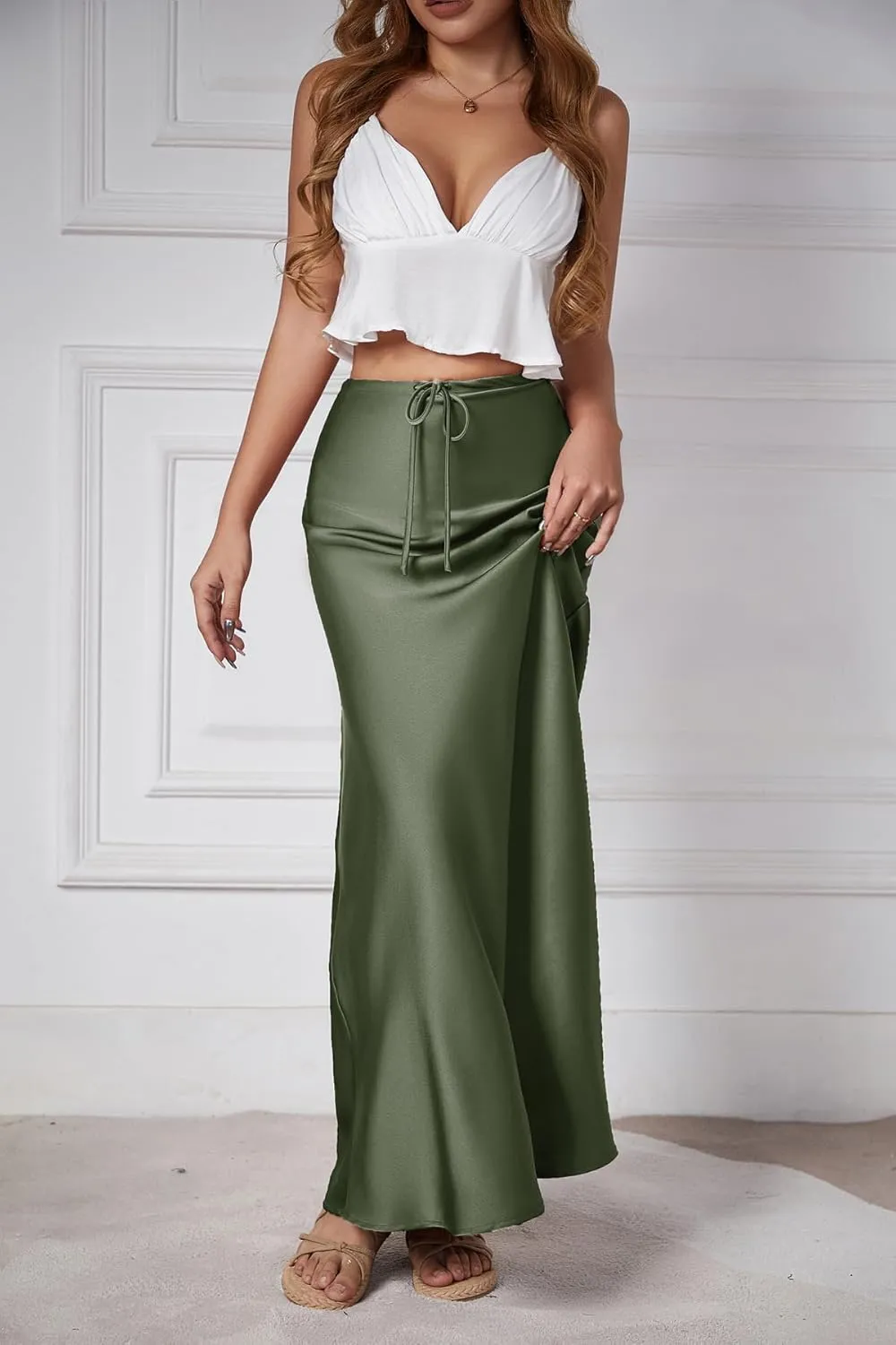 Womens Satin Silk Maxi Skirts Drawstring Flared Casual A-Line Long Skirt for Women