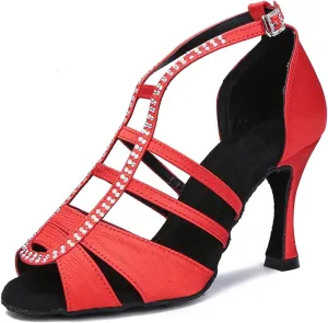 Women's Scarlet Satin Party Heels - Open-Toe Sandals with Ankle Cuffs for Bold Celebrations (6CM/2.36")
