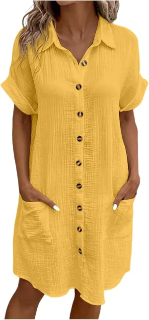 Womens Shirt Dress Button Down V Neck Roll Up Short Sleeve 2025 Trendy Summer Casual Business Dresses with Pockets