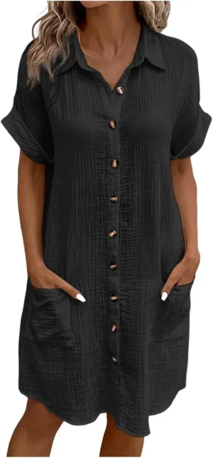 Womens Shirt Dress Button Down V Neck Roll Up Short Sleeve 2025 Trendy Summer Casual Business Dresses with Pockets