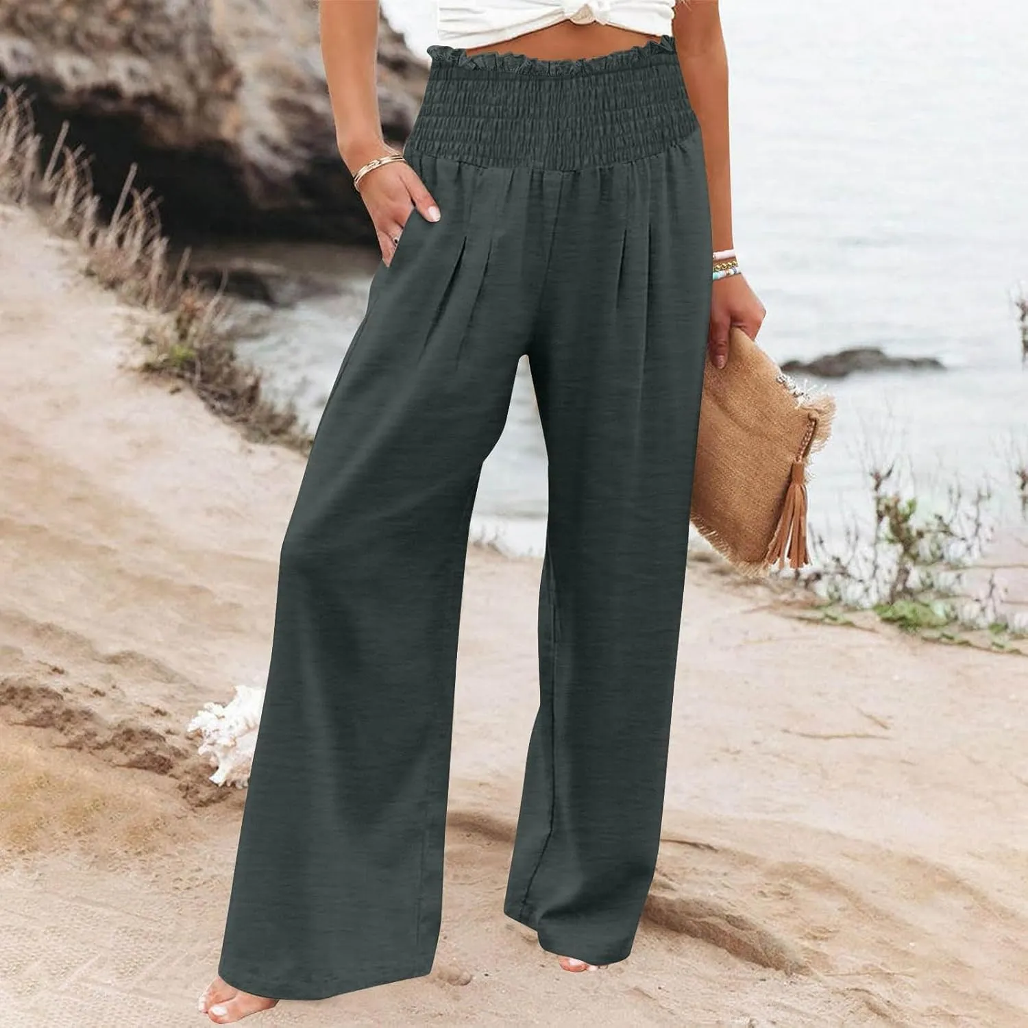 Womens Smocked High Waisted Linen Pants 2025 Casual Loose Wide Leg Palazzo Pants Flowy Beach Trousers with Pockets