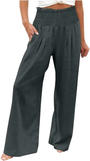Womens Smocked High Waisted Linen Pants 2025 Casual Loose Wide Leg Palazzo Pants Flowy Beach Trousers with Pockets