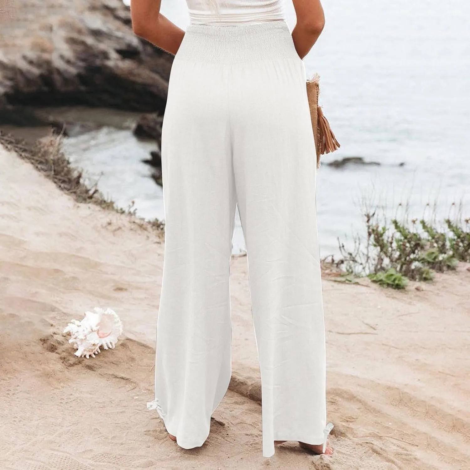 Womens Smocked High Waisted Linen Pants 2025 Casual Loose Wide Leg Palazzo Pants Flowy Beach Trousers with Pockets