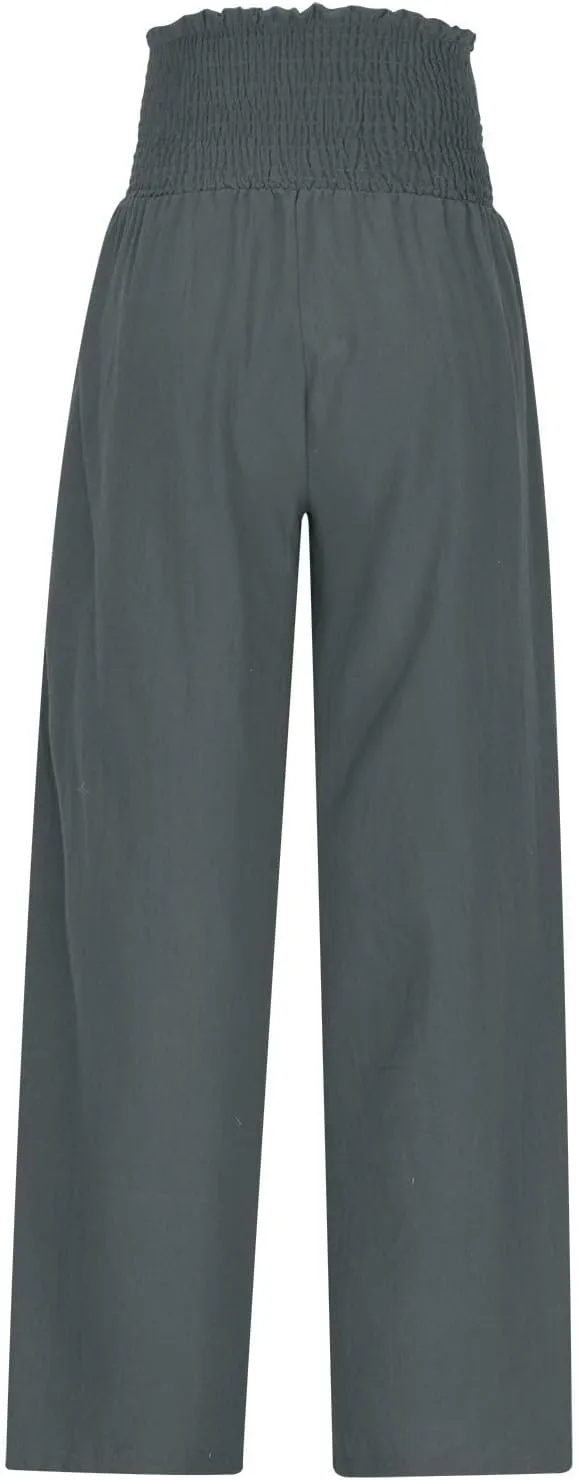 Womens Smocked High Waisted Linen Pants 2025 Casual Loose Wide Leg Palazzo Pants Flowy Beach Trousers with Pockets