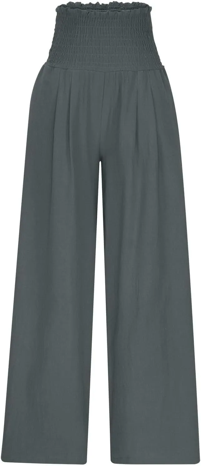 Womens Smocked High Waisted Linen Pants 2025 Casual Loose Wide Leg Palazzo Pants Flowy Beach Trousers with Pockets