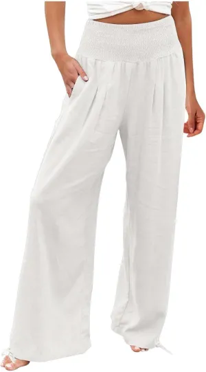 Womens Smocked High Waisted Linen Pants 2025 Casual Loose Wide Leg Palazzo Pants Flowy Beach Trousers with Pockets