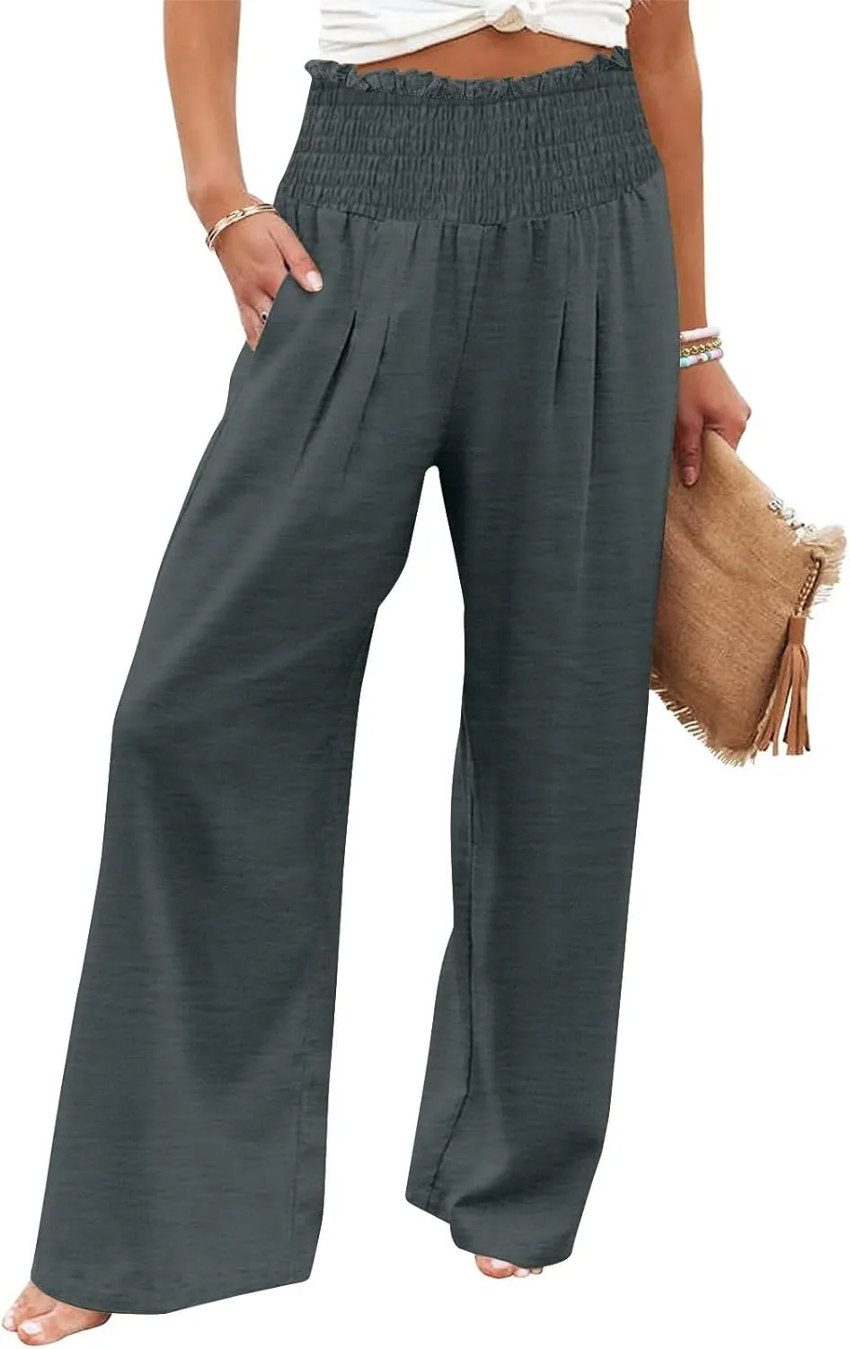 Womens Smocked High Waisted Linen Pants 2025 Casual Loose Wide Leg Palazzo Pants Flowy Beach Trousers with Pockets