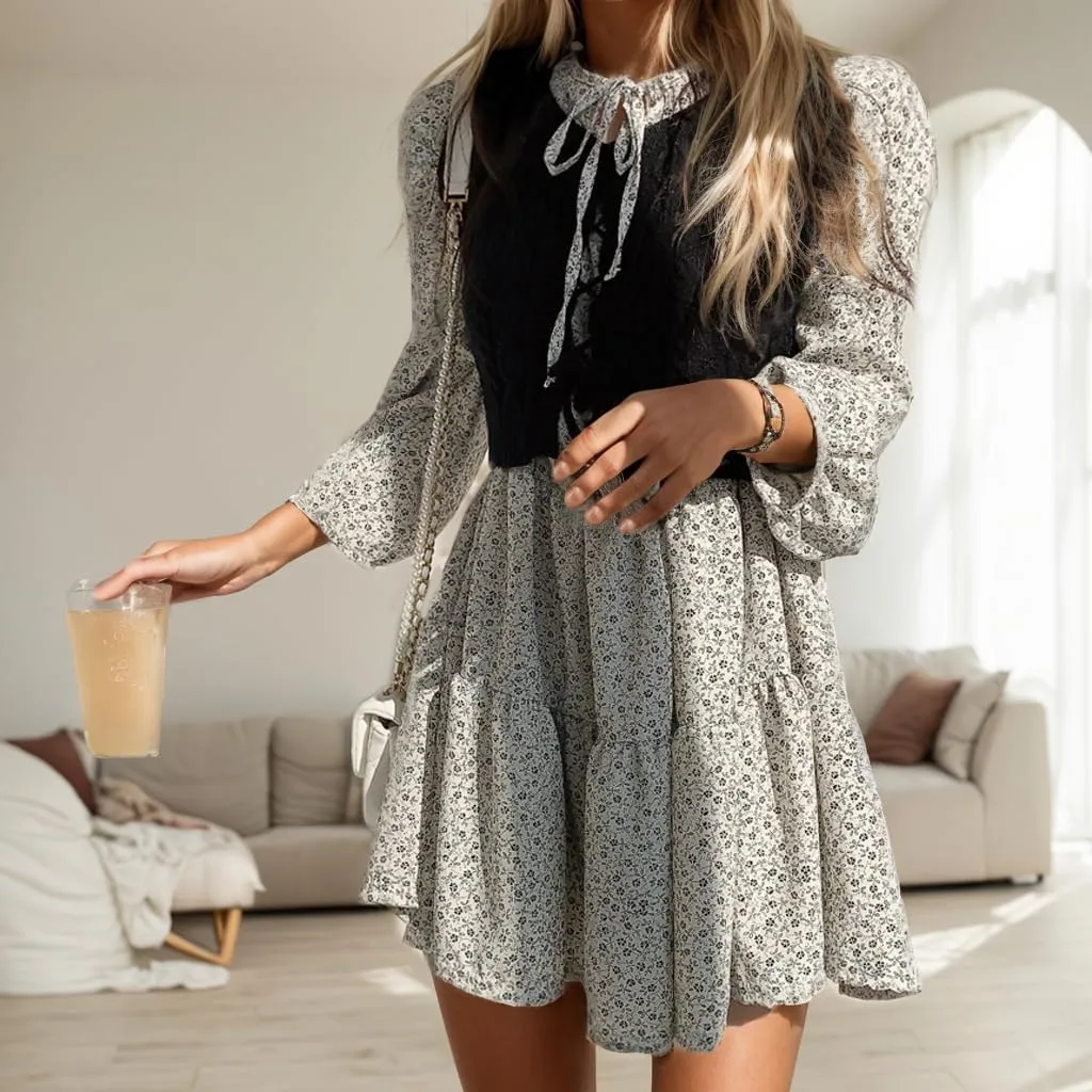 Womens Spring Fashion 2025 Floral Lantern Long Sleeve Tiered Dresses Loose Swing Flowy Ruffle A Line Summer Mini Dress