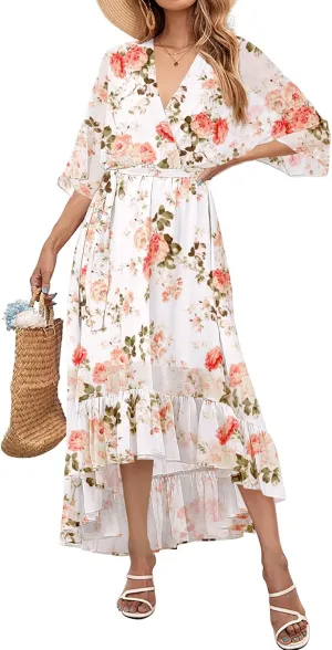Women's Summer Floral Boho Dress 3/4 Sleeve Wrap V Neck Flowy Casual Loose Wedding Guest Long Maxi Ruffle Dresses