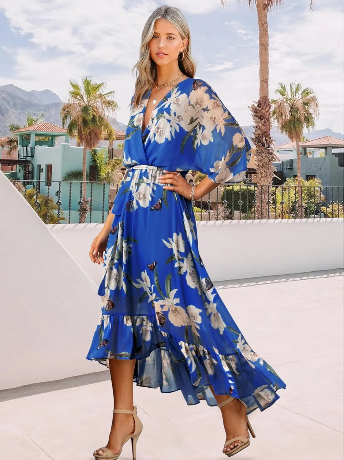 Women's Summer Floral Boho Dress 3/4 Sleeve Wrap V Neck Flowy Casual Loose Wedding Guest Long Maxi Ruffle Dresses