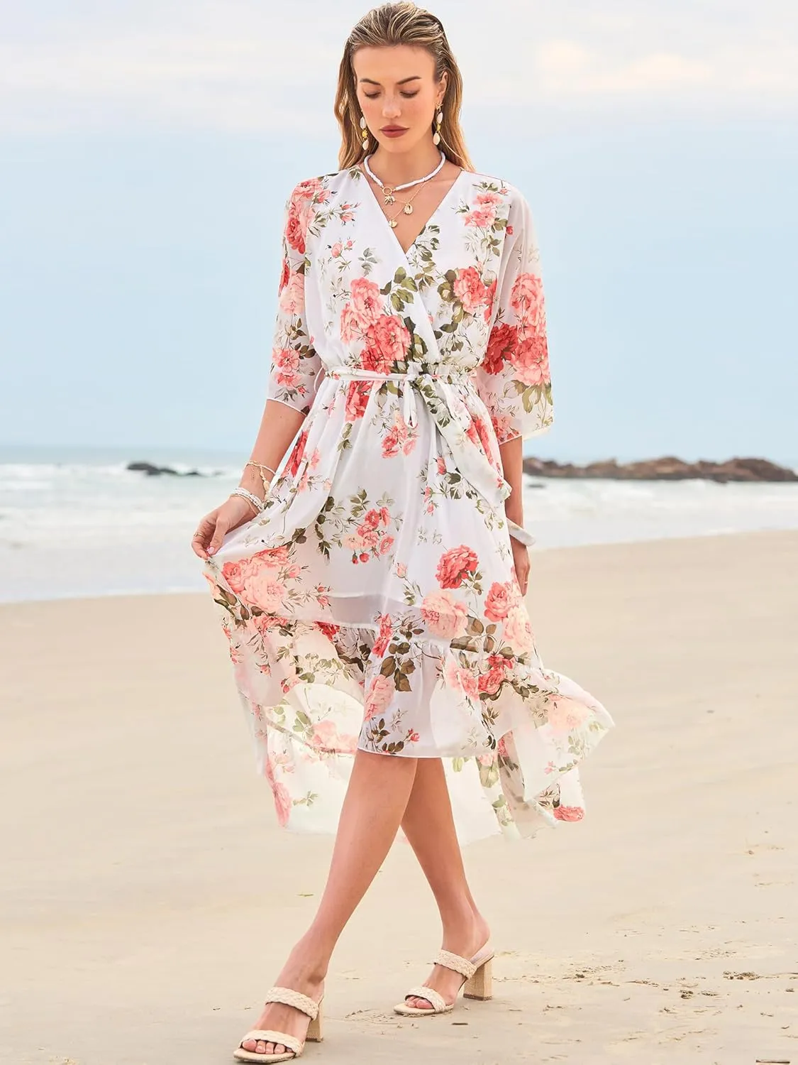 Women's Summer Floral Boho Dress 3/4 Sleeve Wrap V Neck Flowy Casual Loose Wedding Guest Long Maxi Ruffle Dresses