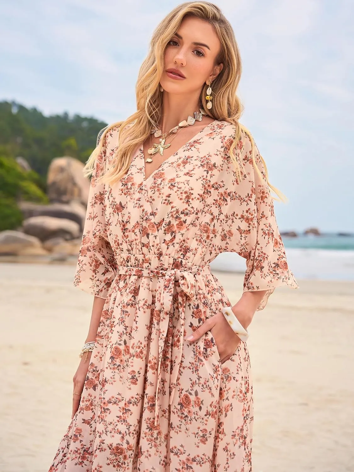 Women's Summer Floral Boho Dress 3/4 Sleeve Wrap V Neck Flowy Casual Loose Wedding Guest Long Maxi Ruffle Dresses