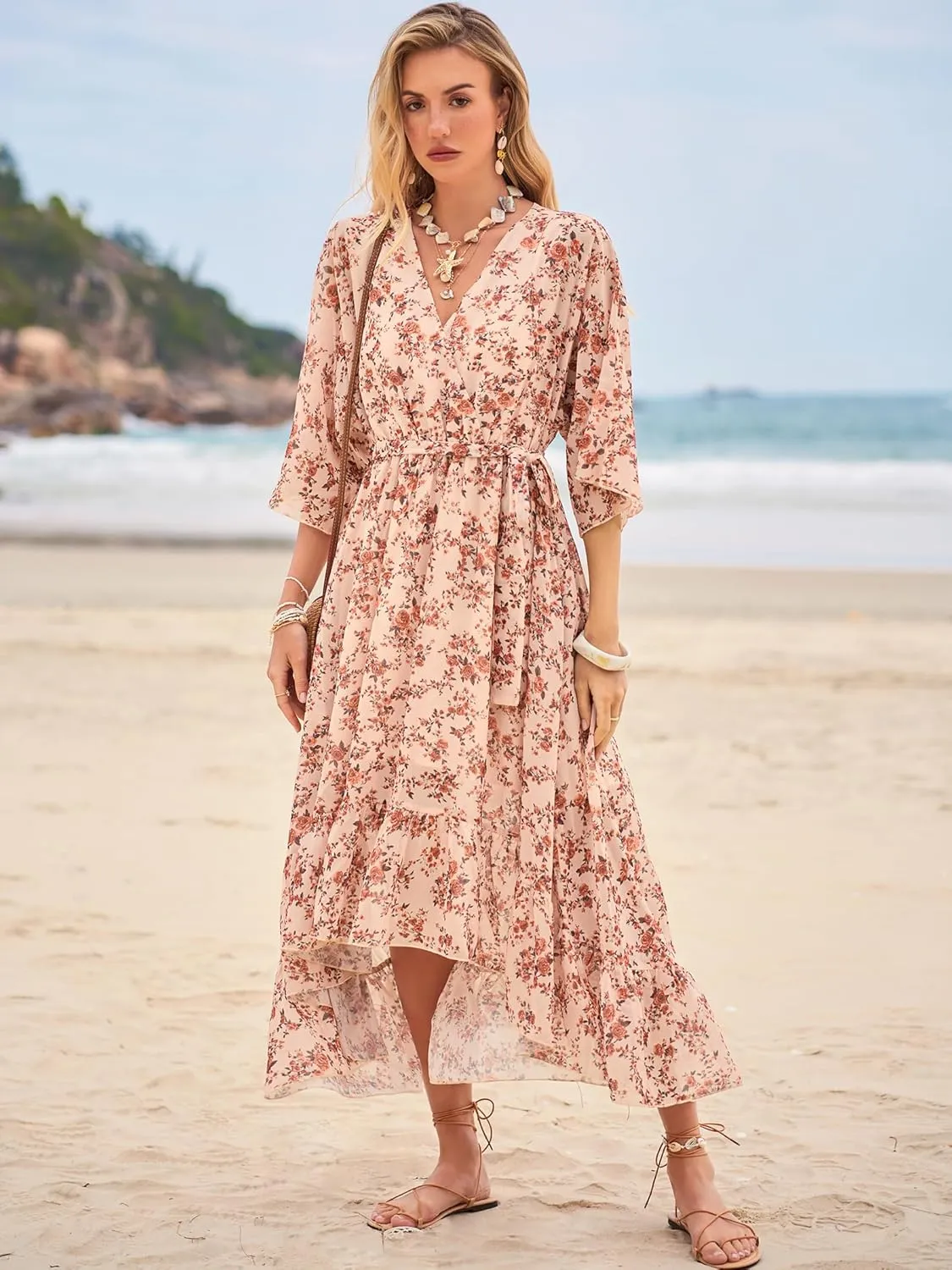 Women's Summer Floral Boho Dress 3/4 Sleeve Wrap V Neck Flowy Casual Loose Wedding Guest Long Maxi Ruffle Dresses