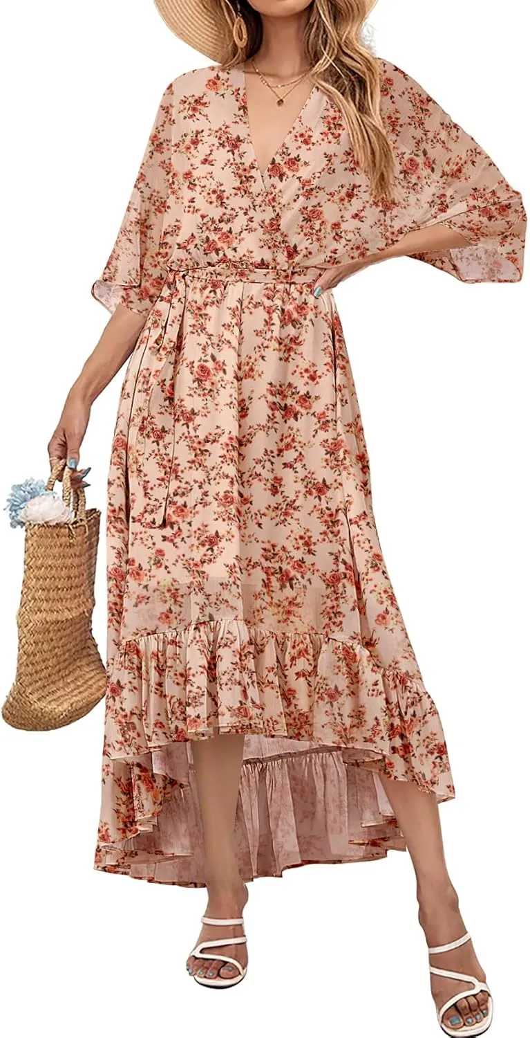 Women's Summer Floral Boho Dress 3/4 Sleeve Wrap V Neck Flowy Casual Loose Wedding Guest Long Maxi Ruffle Dresses